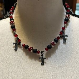 Beaded Necklace red/black with crosses.